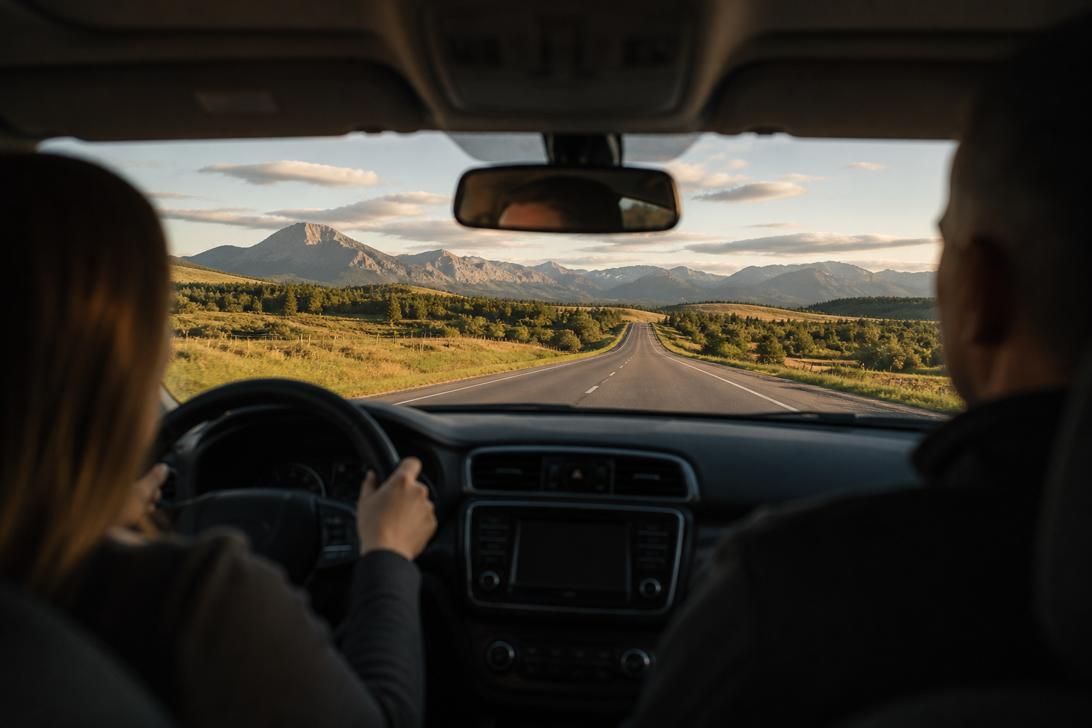 Alberta prairie highway view from a driver training vehicle at golden hour
