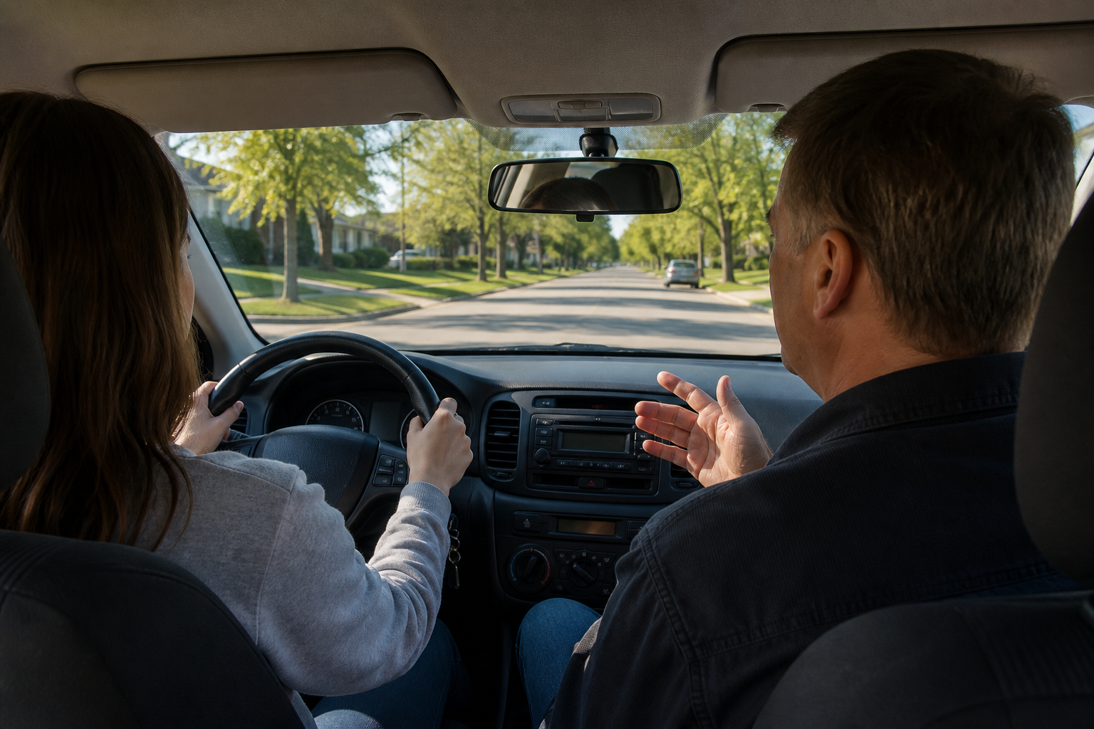Licensed instructor coaching a student during an Alberta in-car driving lesson
